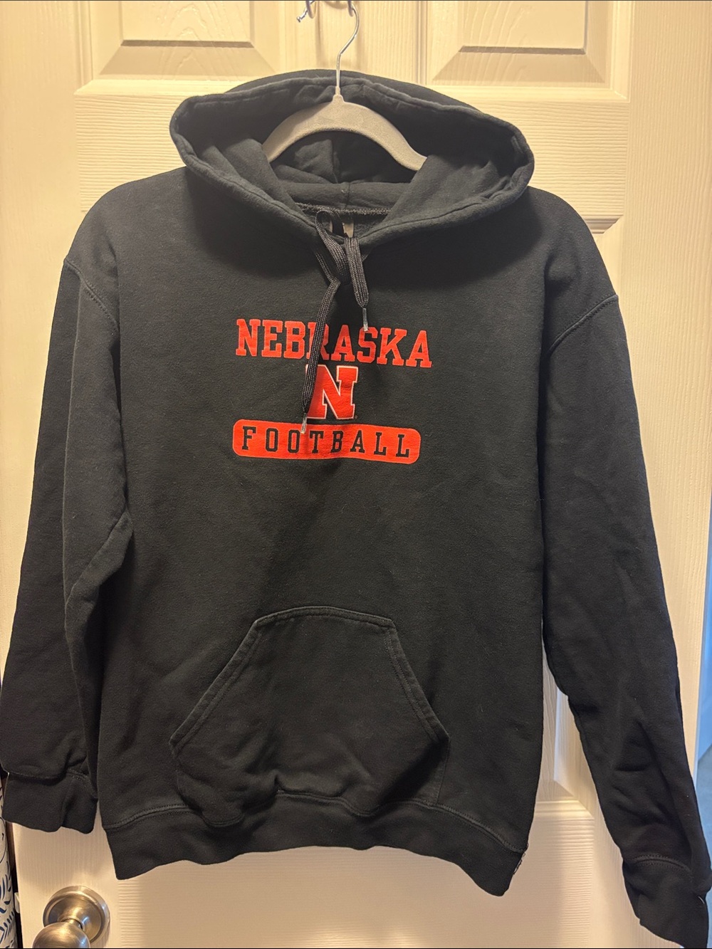 Gildan Black Hoodie with Red Nebraska Football Script